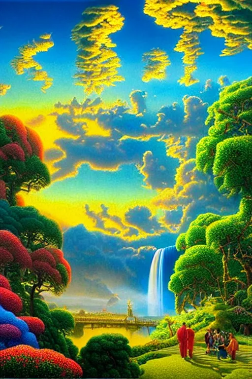 Prompt: a photorealistic detailed cinematic image of a beautiful vibrant iridescent future for human evolution, spiritual science, divinity, utopian, cumulus clouds, ornate retreat, wildlife preservation, waterfall, isometric, by james christensen, rob gonsalves and tim white, david a. hardy, kinkade, lisa frank, wpa, public works mural, socialist