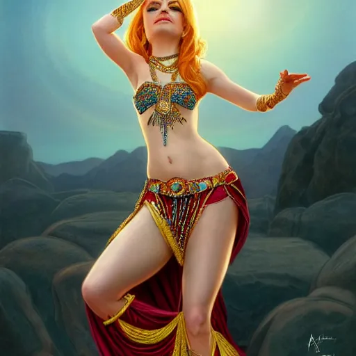 Image similar to a portrait of emma stone dressed as a belly dancer, arabian night, high quality, fully detailed, 4 k, in focus sharp face with fine details, realistic hand details and anatomy, inspired by belly dancer shakira on youtube, by artgerm and greg rutkowski and alphonse mucha, masterpiece, stunning, artstation