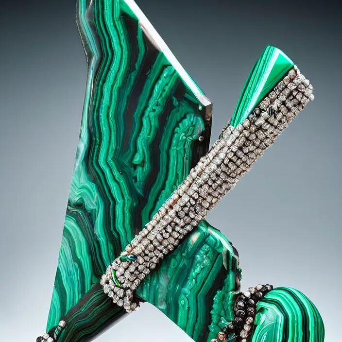 Prompt: photograph of a real-life malachite axe with jewels. Extremely detailed. 8k