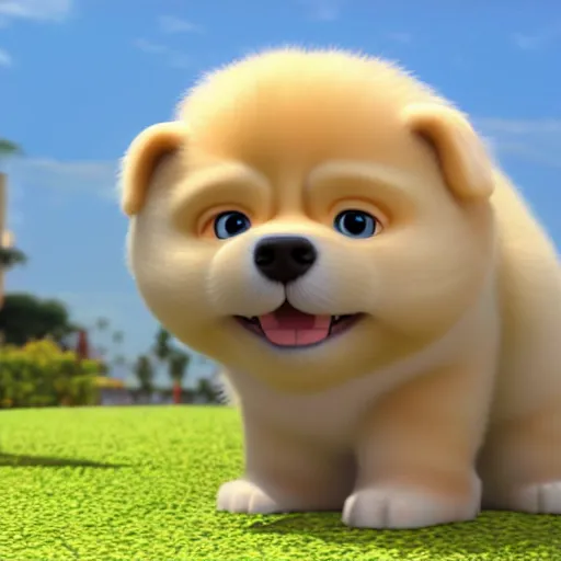 Prompt: A cute white 3D Disney Pixar render of a chow chow dog