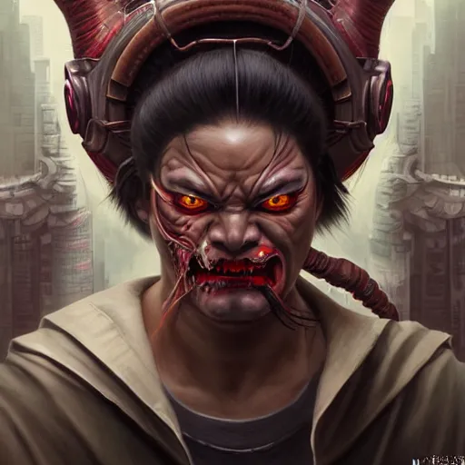 Image similar to portrait, cyberpunk japanese oni demon with horns, stern expression, long hair, highly detailed, digital painting, artstation, concept art, smooth, sharp focus, illustration, artgerm, tomasz alen kopera, peter mohrbacher, donato giancola, joseph christian leyendecker, wlop, frank frazetta