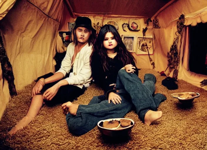 Image similar to Selena Gomez and Young Johnny Depp eating mushrooms and tripping in a shag carpet house, photograph by Annie Leibovitz