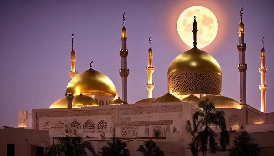 Prompt: photo of beautiful mosque under a giant full moon, glowing arabic symbols floating in the air, cinematic, extreme detail, sharp focus, masterpiece,