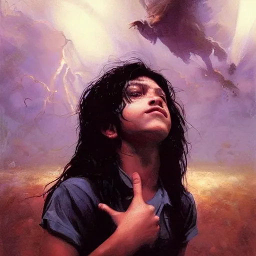 Image similar to a latino 1 5 year old boy with long black hair opens a dark portal to the void. dramatic. cinematic. detailed. sharp. photo realistic. realism. repin. phil hale. krenz cushart