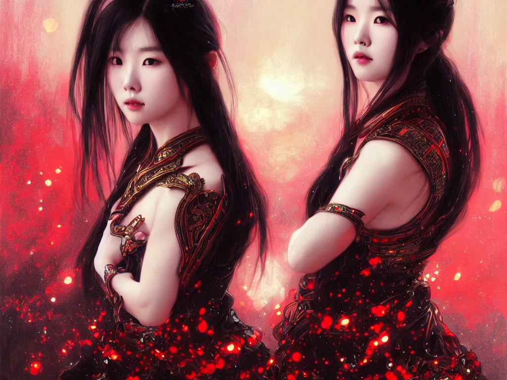 Prompt: portrait han so hee korean actress, wearings black and red samurai armor, in temple firefly sparkles night, ssci - fi and fantasy, intricate and very very beautiful and elegant, highly detailed, digital painting, artstation, concept art, smooth and sharp focus, illustration, art by tian zi and wlop and alphonse mucha