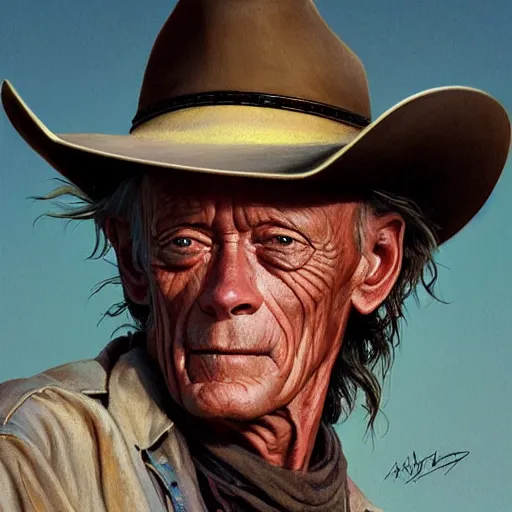 Prompt: a man, lance henriksen, cowboy hat, portrait, wild west, fantasy, highly detailed, digital painting, artstation, concept art, sharp focus, illustration, art by artgerm and greg rutkowski and alphonse mucha