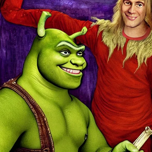 Prompt: shrek from shrek with long lush golden hair attractive muscular stylish knight in shining golden armor with long lush golden hair a strong jaw and attractive green eyes shrek is riding on top of a red dragon, fantasy art, hyper detailed, extremely complex, hyper realistic, similar to the mona lisa, art by leonardo devinci