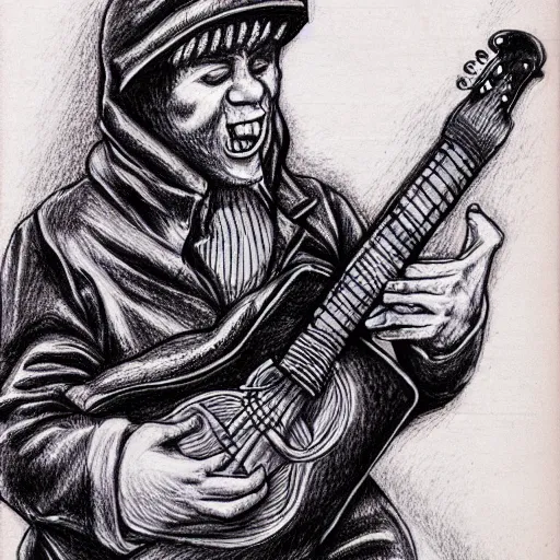 Prompt: ballpoint pen drawing of the humanoid dragon playing wearing russian hat ushanka and playing russian guitar balalaika,