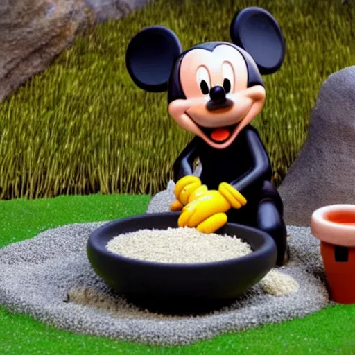 Prompt: mickey mouse eating corn in a zen garden, in the movie star wars
