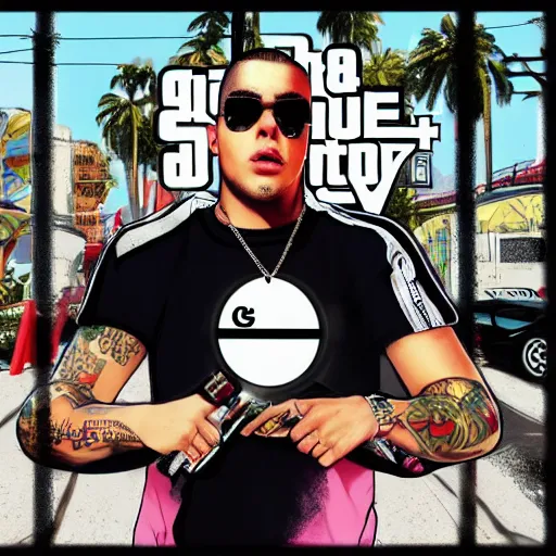 Image similar to music artist bad bunny in gta v cover art by steven bliss, cover art, box art, loading screen