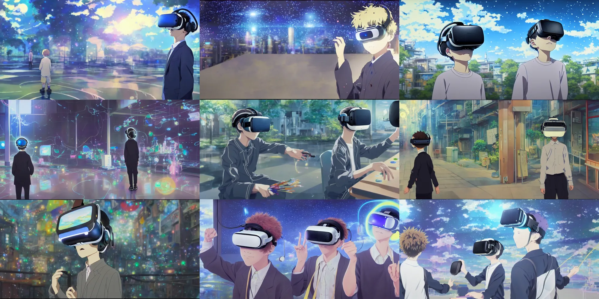 Prompt: painting of near future technological world, magical realism, screenshot from the Kyoto Animation anime about the boy who wears a virtual reality headset, real life blended with virtual reality