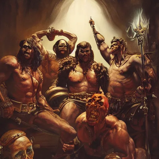 Image similar to ultra realistic portrait painting of the ubersreik five, art by frank frazetta, 4 k, ultra realistic, highly detailed, epic lighting