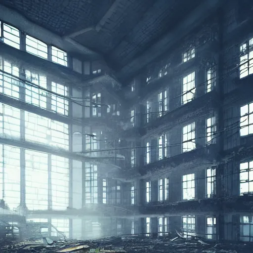 Image similar to “derelict architecture buildings, building designed by architect Norman Foster, architecture digest, building surrounded in a luxurious environment, modern tones, fluorescent lighting,volumetric Lighting, cyber punk, photorealism, high detail, golden ratio, cinematic, octane renderer”