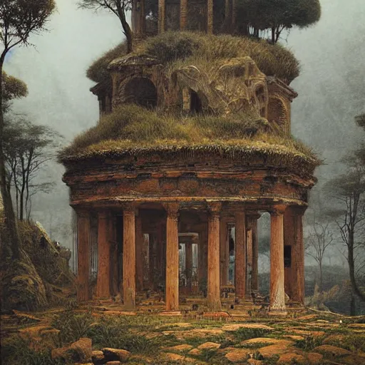 Prompt: ancient greek overgrown temple surrounded by wildlife, by beksinski, gustave moreau, bosch, retro fantasy illustration, highly detailed, photorealistic, illustration, matte painting, 8 k