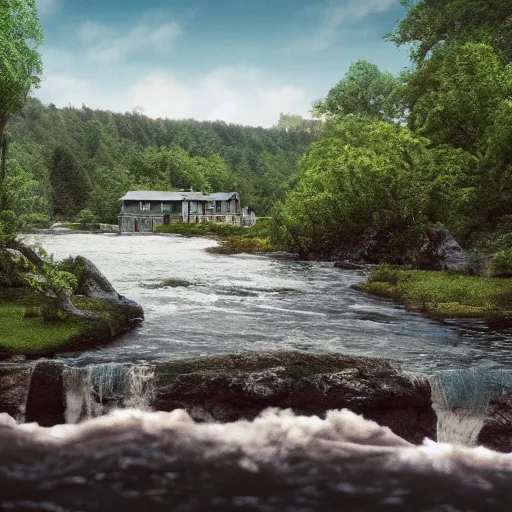 Image similar to a movie still of a river running past a cottage, by wes anderson, cinematic, uhd, 8k,