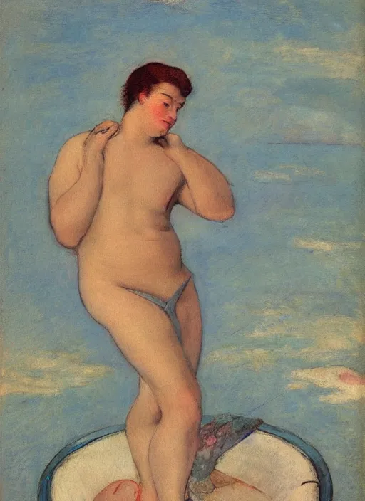 Prompt: vintage beautiful painting of a gay merman looking with the back at the sea sitting on a white pearl in Mary Cassatt style