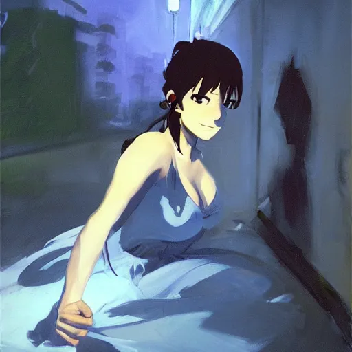 Image similar to greg manchess painting of an anime woman, direct flash photography at night, makoto shinkai