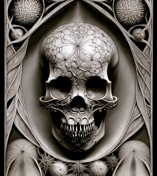 Image similar to art forms of nature by ernst haeckel, memento mori by arthur rackham, ornate antique porcelain beautiful skull mask, ultrasharp, photorealistic, hyperdetailed, octane render, polished, art nouveau, neo - gothic, gothic, intricate ornamental organic filigree, art nouveau botanicals, art forms of nature by ernst haeckel, horizontal symmetry, symbolist, visionary