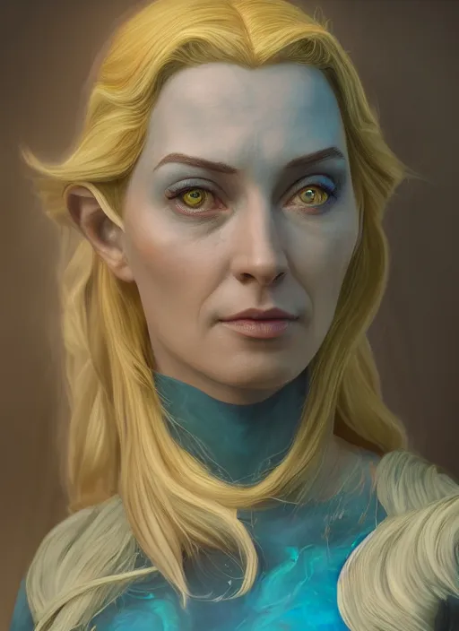 Image similar to an epic fantastic realism comic book style portrait painting of galadriel, teal energy, female, golden hair, d & d concept art, unreal 5, daz, hyperrealistic, octane render, cosplay, rpg portrait, dynamic lighting