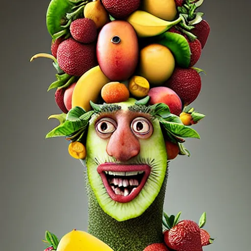 Image similar to fruit dryad by arcimboldo, fruit megan fox editorial by malczewski and arcimboldo, vegetables dryad sculpture by arcimboldo, stil frame from'cloudy with a chance of meatballs 2'( 2 0 1 3 ) of banana dryad, fruit hybrid megan fox editorial by alexander mcqueen and arcimboldo