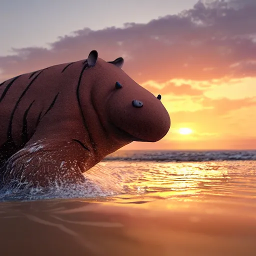 Image similar to a closeup photorealistic photograph of a cute stylish tiger hippo playing volleyball at the beach during sunset. Surf in the background. This 4K HD image is Trending on Artstation, featured on Behance, well-rendered, extra crisp, features intricate detail and the style of Unreal Engine.