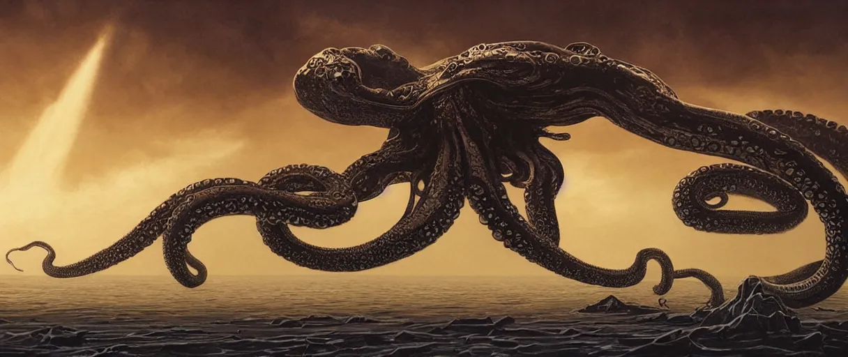 Image similar to detailed hyper realistic alien octopus demigod which looks deeply intimidating, menacing alien snake fighting giant spiders, floating island on a barren exoplanet, beautiful dramatic moody lighting, cinematic atmosphere, by Ralph McQuarrie| sparth:.2 | Tim white:.4 | Rodney Mathews:.2 | Graphic Novel, Visual Novel, Colored Pencil, Comic Book:.2