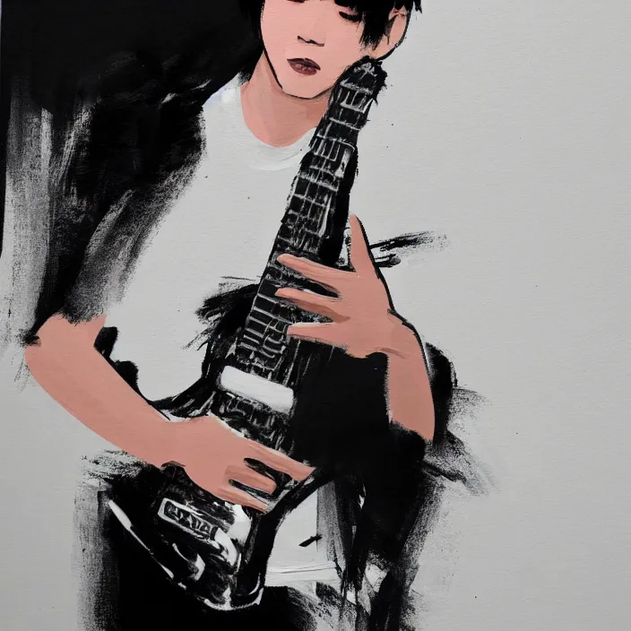 Image similar to minimal dramatic painting of a young korean man wearing black t shirt holding an electric guitar!!, dark background, huge dramatic brush strokes, matte colors, abstract, trending on artstation