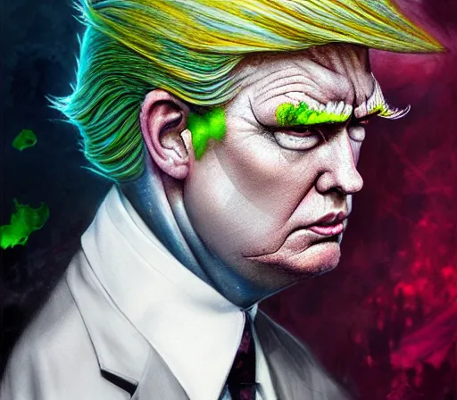Image similar to a Demon Slayer portrait ofDonald Trump , tall, pale-skinned, and slender with lime green eyes and long eyelashes by Stanely Artgerm,Tom Bagshaw,arthur adams,Carne Griffiths,trending on DeviantArt,street art,face enhance,chillwave,maximalist,full of color, glittering