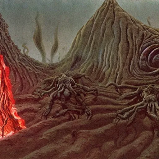 Prompt: lovecraftian horrors human sacrifice 5MeO roger deakins cinematography painting by Roger Dean