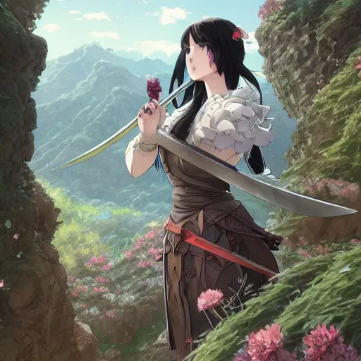 Prompt: the knight and the sword of rose petal, anime, castle core, mountains, rocky roads. by hayao miyazaki and rossdraws and artgerm and greg rutkowski and alphonse mucha and studio ghibli and ilya kuvshinov. high quality, stunning, intricate detailed environment. 8 k