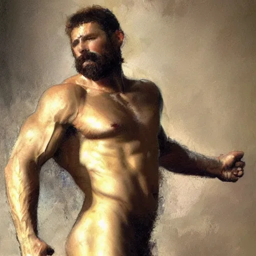 Image similar to a man with a hairy shredded body type, painting by Gaston Bussiere, Craig Mullins