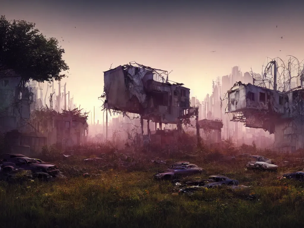 Image similar to beautiful house made from junkyard scrap parts, in an overgrown field, architectural render, futuresynth, chillwave, scrapyard architecture, blender, sunrise, (((mist))), ruined city in the background, trending on artstation, by gal barkin