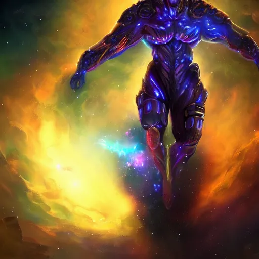 Image similar to photorealistic fantasy cosmic concept art of a cosmic nebula God in dark matter armor hovering in a unknown galaxy, fully body portrait, cinematic, dynamic lighting, ultra detailed, creative, trending on art station