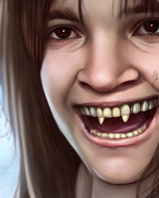 Image similar to close up portrait of 1 5 - year - old girl, smile with large front teeth, hermione, very bushy brown hair, and very bright brown eyes, wearing white shirt, hyper realistic face, beautiful eyes, character art, art by mark brooks, hyperdetailed, cryengine, trending on artstation, digital art