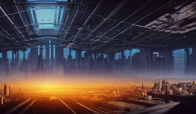 Image similar to large group of people in simple warehouse, looking at hologram of futuristic city on a table, cinematic concept art, godrays, golden hour, natural sunlight, 4 k, clear details, tabletop model buildings, center model buildings, hologram center, crane shot, crane shot, crane shot