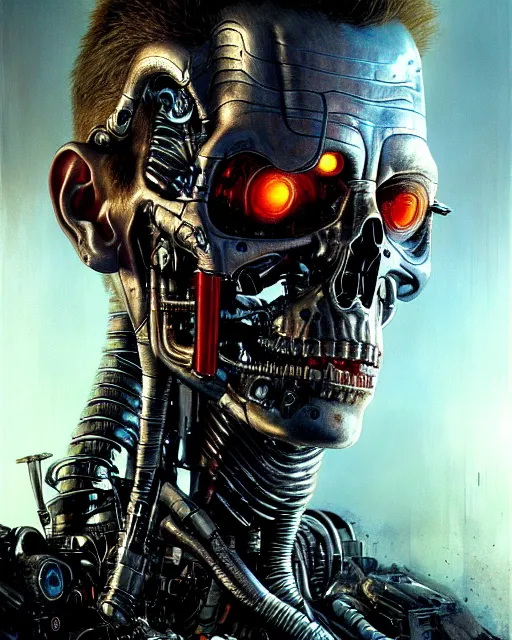 Image similar to a portrait of the terminator fantasy character portrait, ultra realistic, cinematic, concept art, wide angle, intricate details, hologram, highly detailed by greg rutkowski, aaron horkey, gaston bussiere, craig mullins, simon bisley, arthur rackham