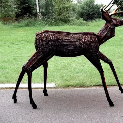 Prompt: A carnivorous deer sculpture made entirely from roadside traffic barrels