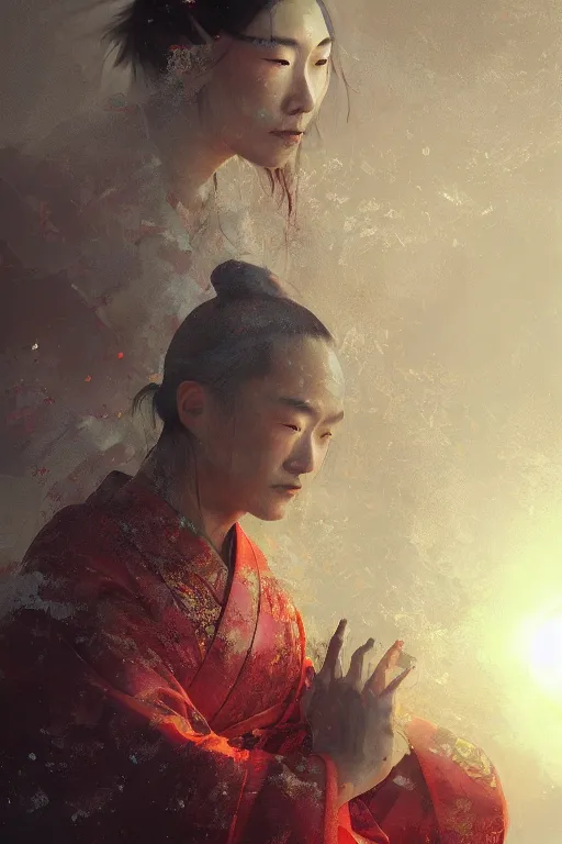 Image similar to Japanese god, portrait, powerfull, intricate, elegant, volumetric lighting, scenery, digital painting, highly detailed, artstation, sharp focus, illustration, concept art, ruan jia, steve mccurry