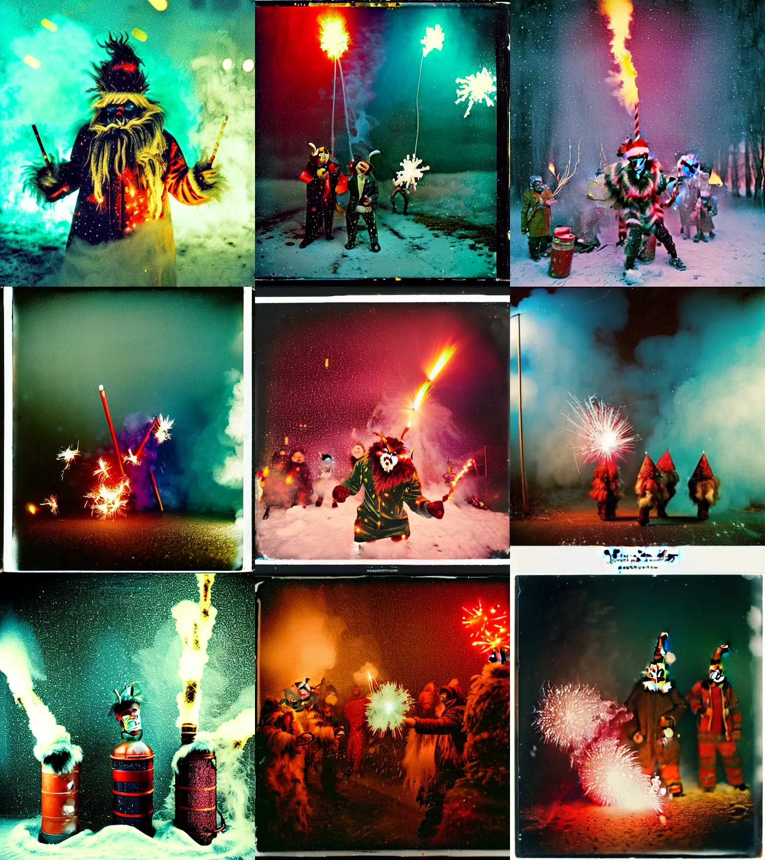 Image similar to kodak portra 4 0 0, wetplate, winter, snowflakes, rainbow coloured rockets, chaos, glitter tornados, award winning dynamic photo of a bunch of hazardous krampus between exploding fire barrels by robert capas, motion blur, in a small pantry at night with colourful pyro fireworks and torches, teal lights