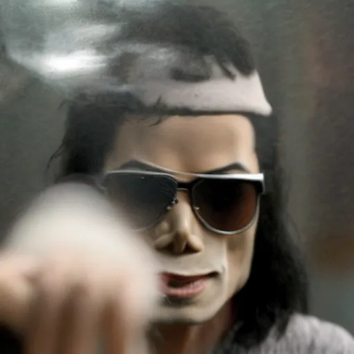 Image similar to michael jackson 2 0 0 9 wearing shades, alone, this is it style, photo real, pores, motion blur, sitting with bubbles the chimp window open, real life, spotted, ultra realistic face, accurate, 4 k, movie still, uhd, sharp, detailed, cinematic, render, modern