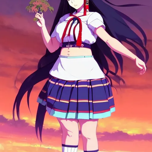 Prompt: a beautiful! plus sized native women instagram model, wearing catholic school girl outfit with mayan pattern and native style, jrpg aztec street fashion, gapmoe yandere grimdark, trending on pixiv fanbox, painted by greg rutkowski makoto shinkai takashi takeuchi studio ghibli, akihiko yoshida