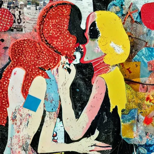 Image similar to two lobster women kissing at a carnival, mixed media collage, retro, paper collage, magazine collage, acrylic paint splatters, bauhaus, abstract claymation, layered paper art, sapphic visual poetry expressing the utmost of desires by jackson pollock