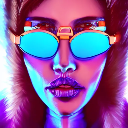 Image similar to closeup painting of a very beautiful young mexican cyberpunk woman with a smirk, wearing light blue shutter shades and a purple coloured leather jacket, one side haircut, long brown hair with light blue ends, portrait, hyperdetailed, artstation, cgsociety, 8 k, synthwave!!! image