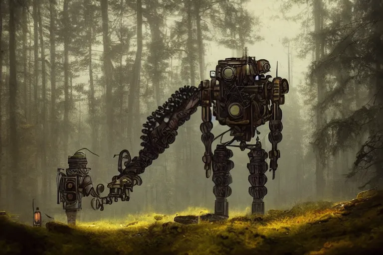 Image similar to steampunk mech standing in a swedish forest, very low angle photograph, very detailed, trending on artstation, realistic, soft colors, simon stålenhag