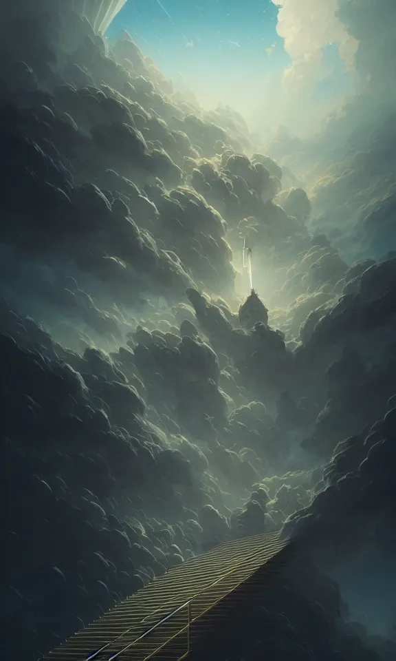 Image similar to endless stairs to universe, sky full of clouds, art by greg rutkowski and peter mohrbacher, featured in artstation, octane render, cinematic, elegant, intricate, ultra detailed, rule of thirds, professional lighting, unreal engine, fantasy, concept art, sharp focus, illustration, 8 k