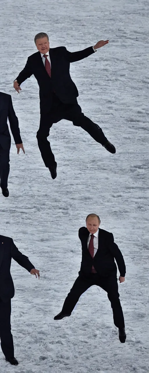 Prompt: the finnish president sauli niinisto doing a superhero landing on top of vladimir putin