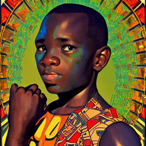 Image similar to colourful upper half caricature portrait of an african boy in magazine collage style, art by drew struzan & alphonse mucha, highly detailed, digital painting, ray tracing, concept art, illustration, smooth sharp focus, intricate, symmetry, artstation,