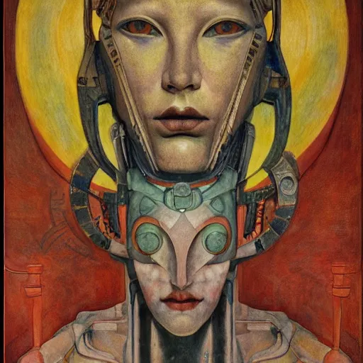 Prompt: robot queen with human eyes, by annie swynnerton and diego rivera and lucien freud and jean delville, symbolist, dramatic lighting, elaborate geometric ornament, art brut, soft pastel colors, smooth, sharp focus, extremely detailed, adolf wolfli, leo and diane dillon, nicholas roerich, donato giancola