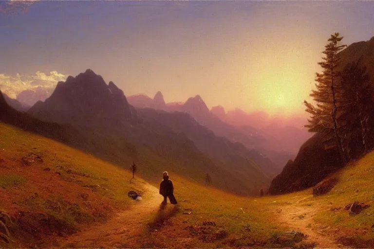 Prompt: a traveler wandering trough the mountains looking at the clouds, very detailed, oil painting, cinematic lighting, albert bierstadt, trending on artstation, colorful, canvas, sunset, hans dahl, theodor kittelsen, hermann hendrich, national geographic
