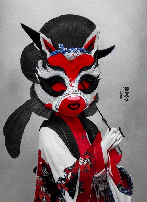 Image similar to maiko wearing a kitsune mask, fluent composition, red white and black, concept art, ambient light, 4 k, intricate details, highly professionally detailed, cgsociety, highly detailed -